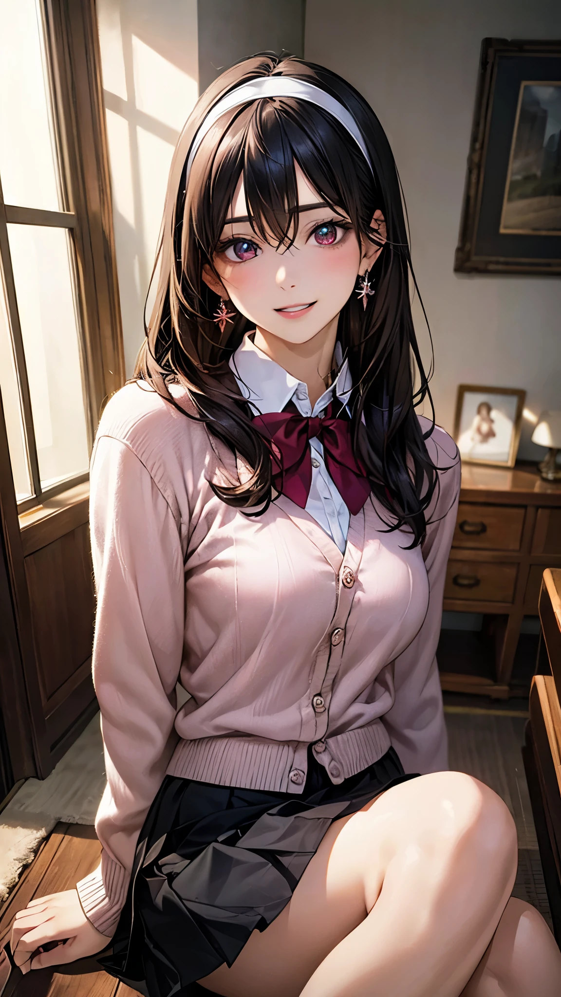 (masterpiece:1.2, highest quality), (realistic photo:1.4), beautiful illustrations, (natural side lighting, movie lighting),
looking at the viewer, 1 girl, japanese, high school girl, perfect face, cute symmetrical face, shiny skin, ,
(long hair, straight hair, black hair), hair between eyes, maroon eye, (medium chest, seductive thighs, big ass), earrings, break (dark red hairband, dark red flat bow tie), break
beautiful hair, beautiful face, detailed and beautiful eyes, beautiful clavicle, beautiful body, beautiful breasts, beautiful thighs, beautiful feet, beautiful fingers, slender,
(white collared shirt, long sleeve pink knit cardigan, black pleated mini skirt), break
(beautiful scenery), , (living room:1.2), sitting, (lovely smile, upper eye, parted lips),