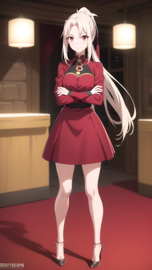 masterpiece, ultra quality, 8K, best quality, absurdres, perfect anatomy, anime_girl, 1girl, solo, Irisviel von Einzbern, red eyes, ponytail, red dress, black high heels, cowboy shot, standing, smile, indoors, crossed arms, room, night, quiet environment,
skinny legs, excellent facial features, A pretty girl, beautiful appearance,