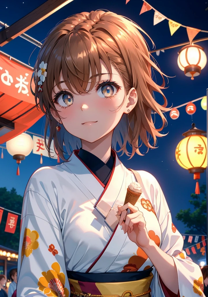 Mycotrose, Brown eyes,Brown Hair,short hair,One side up,Flower Hair Ornaments,Open your mouth,smile,White Kimono,Holding ice cream in one hand,日本のfestival,夏festivalの屋台,Red lantern,whole bodyがイラストに入るように,night,
break looking at viewer,whole body,                 　　　　　break outdoors, festival,shrine,                                                             break (masterpiece:1.2), Highest quality, High resolution, unity 8k wallpaper, (shape:0.8), (Beautiful and beautiful eyes:1.6), Highly detailed face, Perfect lighting, Extremely detailed CG, (Perfect hands, Perfect Anatomy),