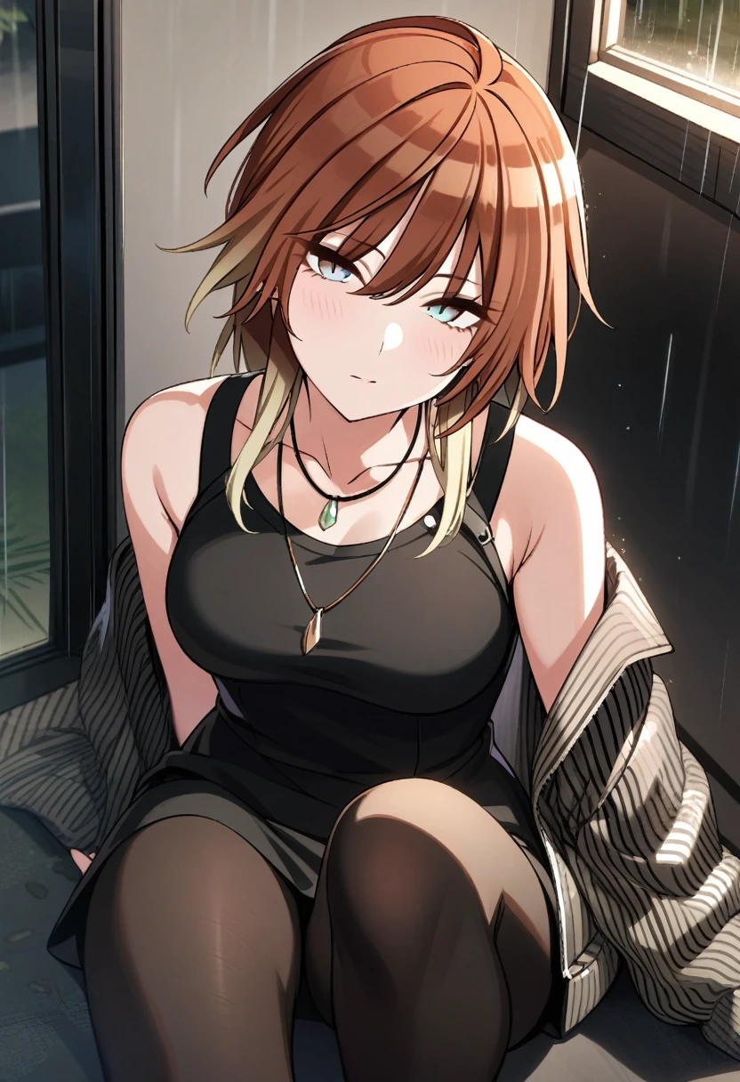 m_aketa, 1girl, solo, ambient light, sitting,, blush, multicolored hair, gradient hair, blonde hair, brown hair, medium hair, gradient eyes
necklace, jewelry,, black footwear, looking at viewer, black pantyhose, collarbone, rain, skirt, jacket, off shoulder, indoors, sleeveless,, sleeveless shirt, shirt, breasts, striped jacket
masterpiece, best quality, very aesthetic, absurdres
