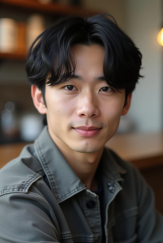 23 years old Japanese male Hairstyle parted in the center I can see your forehead Simple Outfit The color of the clothes is monotone Face orientation is profile Cafe A photo taken by accident smile