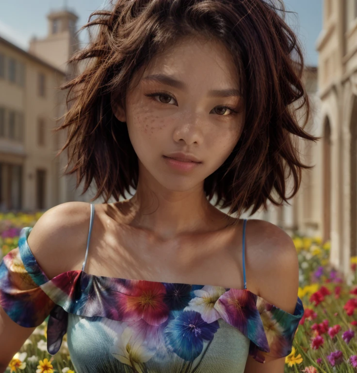 Medium shot, (32K resolution, masterpiece, ultra high quality, best quality, ultra high definition, perfect ???????, Incredibly detailed, RAW, ultra super realistic, photorealistic, cinematic lighting, exquisitely detailed, extremely intricate, 8k UHD, high resolution), (1girl), cropped  off-shoulder tank top,  skirt, elegant hair, standing in the middle of a flower field,  seductive smile, dynamic vivid colors, ((skinny))