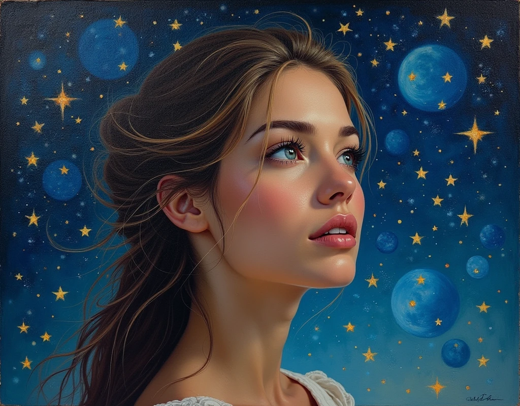 an oil painting of a young woman eyes as she is looking into the infinite stars in the night sky the stars are reflected in her eyes, a beautiful mature woman, ((dynamic hair color, dynamic skin complexion: 1.5), wearing dynamic dress, looking into the stars, the stars are reflected in her eyes, night sky, many, many shining stars, various colors stars,  vibrant, Ultra-high resolution, High Contrast, (masterpiece:1.5), highest quality, Best aesthetics), best details, best quality, highres, 16k, [ultra detailed], masterpiece, best quality, (extremely detailed)