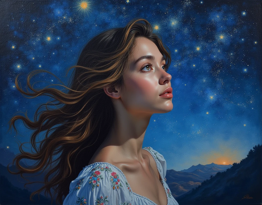an oil painting of a young woman eyes as she is looking into the infinite stars in the night sky the stars are reflected in her eyes, a beautiful mature woman, ((dynamic hair color, dynamic skin complexion: 1.5), wearing dynamic dress, looking into the stars, the stars are reflected in her eyes, night sky, many, many shining stars, various colors stars,  vibrant, Ultra-high resolution, High Contrast, (masterpiece:1.5), highest quality, Best aesthetics), best details, best quality, highres, 16k, [ultra detailed], masterpiece, best quality, (extremely detailed)