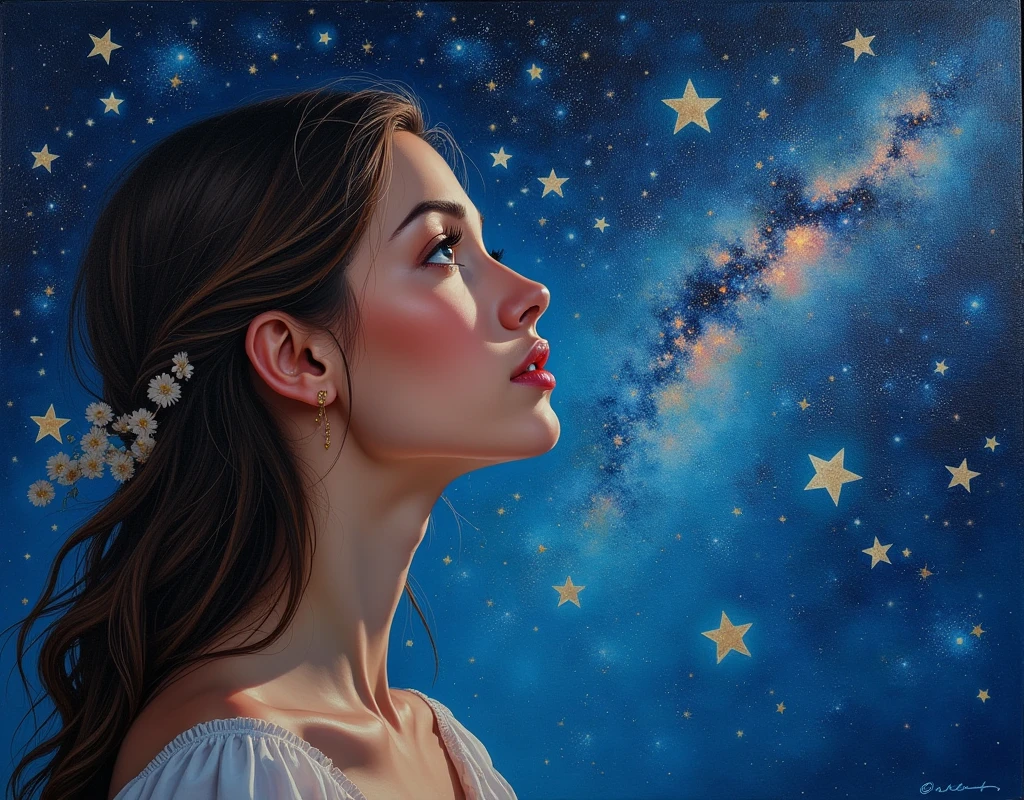 an oil painting of a young woman eyes as she is looking into the infinite stars in the night sky the stars are reflected in her eyes, a beautiful mature woman, ((dynamic hair color, dynamic skin complexion: 1.5), wearing dynamic dress, looking into the stars, the stars are reflected in her eyes, night sky, many, many shining stars, various colors stars,  vibrant, Ultra-high resolution, High Contrast, (masterpiece:1.5), highest quality, Best aesthetics), best details, best quality, highres, 16k, [ultra detailed], masterpiece, best quality, (extremely detailed)