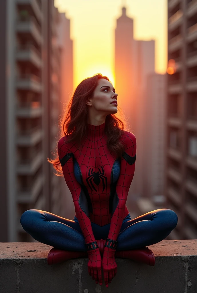 Spider Woman, her costume is ripped, sexy, seductive, charming. She sits on a wall, with tall buildings behind her. In the evening, the sun sets, she looks up at the sky. Volume, perfect dynamic composition, beautiful, bodybuilding athlete figure, beautiful muscles, sexy, seductive, masterpiece, anatomically correct presentation, warm colors, top view, view from above.