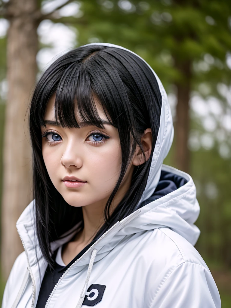 anime character with black hair and blue eyes in a white jacket, hinata hyuga, hinata hyuga from naruto, from naruto, inspired by Maki Haku, black haired girl wearing hoodie, inspired by Kusumi Morikage, she has black hair with bangs, she has black hair, close up iwakura lain, iwakura lain
