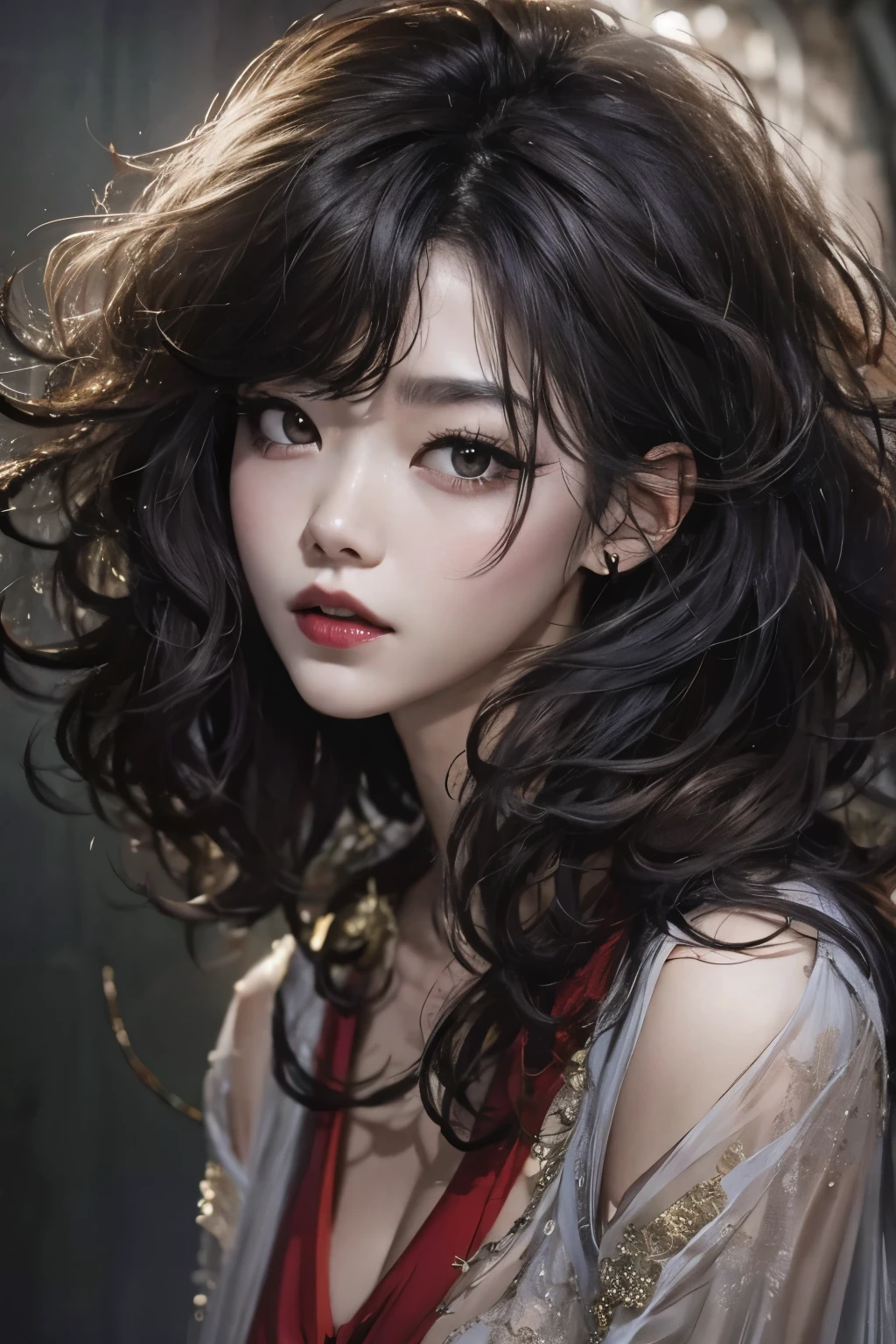 ((masterpiece , best quality, 8k,)), Korean woman in her 20s  , slim , (huge breasts:1.3) , (I have a lot of hair.: 1.3), (messy hair:1.3) , Short hair style, (dark circles under the eyes:1.3) , (laugh: 1), (Dark cave: 1.2), (thin clothes: 1.3), devil, red lips, red eyeshadow