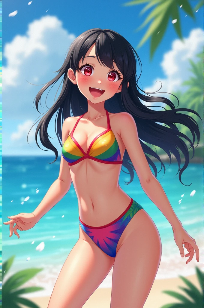A cheerful middle school girl with long black hair, red eyes and a swimsuit