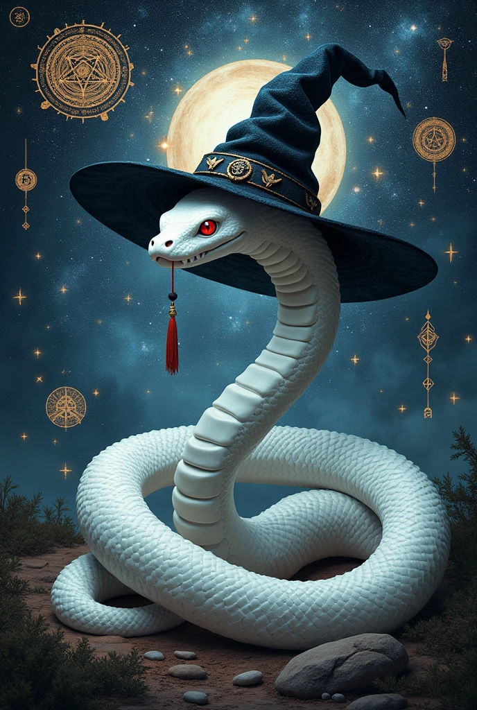a white snake with a witch's hat, surrounded by symbols of magic and the cosmos, no people, hat, witch's hat, border, animal focus, animal, magic circle, black border, hexagram. ultra-realistic, hyper-detailed, 32k uhd,hyper-detailed,ultra-realistic, 8k,, red eyes, (Background Universe and Galaxy) (Background Magic Galaxy and Magic Universe, A lot of stars in the sky dark), surrounded by symbols of magic Diagram, Witch Star, Behind snake Big hexagram Background and old vikings writing, witch writhing.