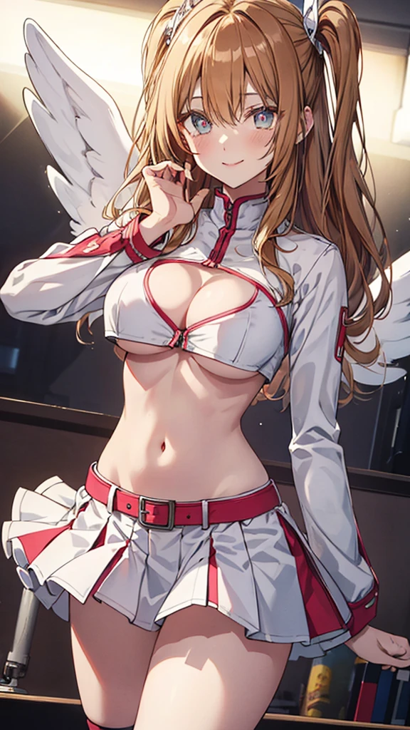 Liliel,light brown hair,long hair,two side up
,large breasts,slender,crop top,cleavage cutout,(underboob),midriff,navel,mini skirt,thighs,Angel Wings,smile,masterpiece,Noise Reduction,perfect anatomy,high resolution, ultra-detailed, ultra-detailed face,game cg,dutch angle ,beautiful detailed eyes,visualart,five fingers, perfect hands, perfect lighting, sparkling pupils,