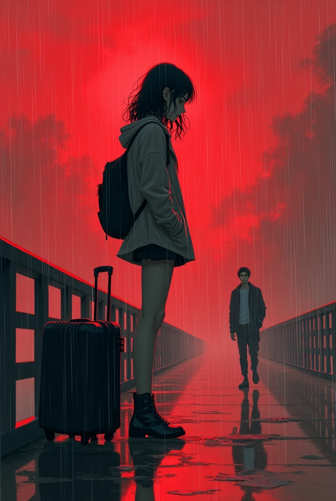 The girl is attempting to suicide
She is standing on the Bridge ledge with her luggage
And at the same time a boy is crossing the bridge when he saw girl he was lil bit afar
It was raining
Add red and white colour combination