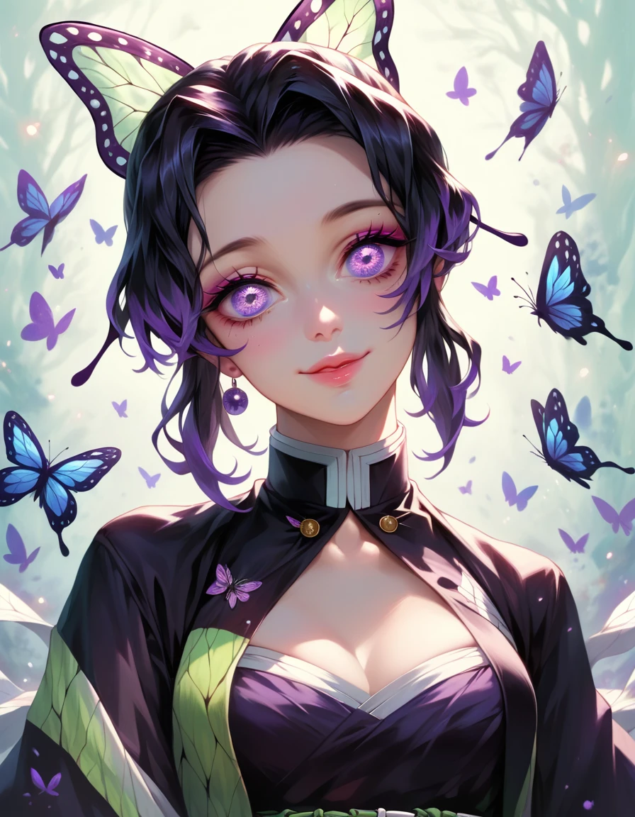 1girl, Shinobu Kochou, demon slayer, Kimetsu no Yaiba, butterfly, detailed butterfly hairpiece, intricate kimono, elegant pose, beautiful detailed eyes, beautiful detailed lips, extremely detailed face and features, glowing butterfly motifs, soft lighting, muted color palette, cinematic composition, digital art, concept art, hyperrealistic, photorealistic, insane detail, masterpiece, best quality, 8k, highres, beautiful fantasy art portrait style lights and glitter eyeshadow palette with a flower in her hair and butterfly 🦋, beautiful smile, purple dress