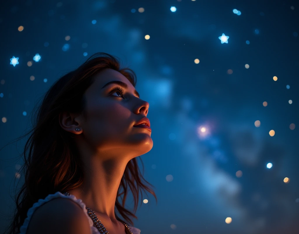 a picture of a young woman eyes as she is looking into the infinite stars in the night sky the stars are reflected in her eyes, a beautiful mature woman, ((dynamic hair color, dynamic skin complexion: 1.5), wearing dynamic dress, looking into the stars, the stars are reflected in her eyes, night sky, many, many shining stars, various colors stars,  vibrant, Ultra-high resolution, High Contrast, (masterpiece:1.5), highest quality, Best aesthetics), best details, best quality, highres, 16k, [ultra detailed], masterpiece, best quality, (extremely detailed)