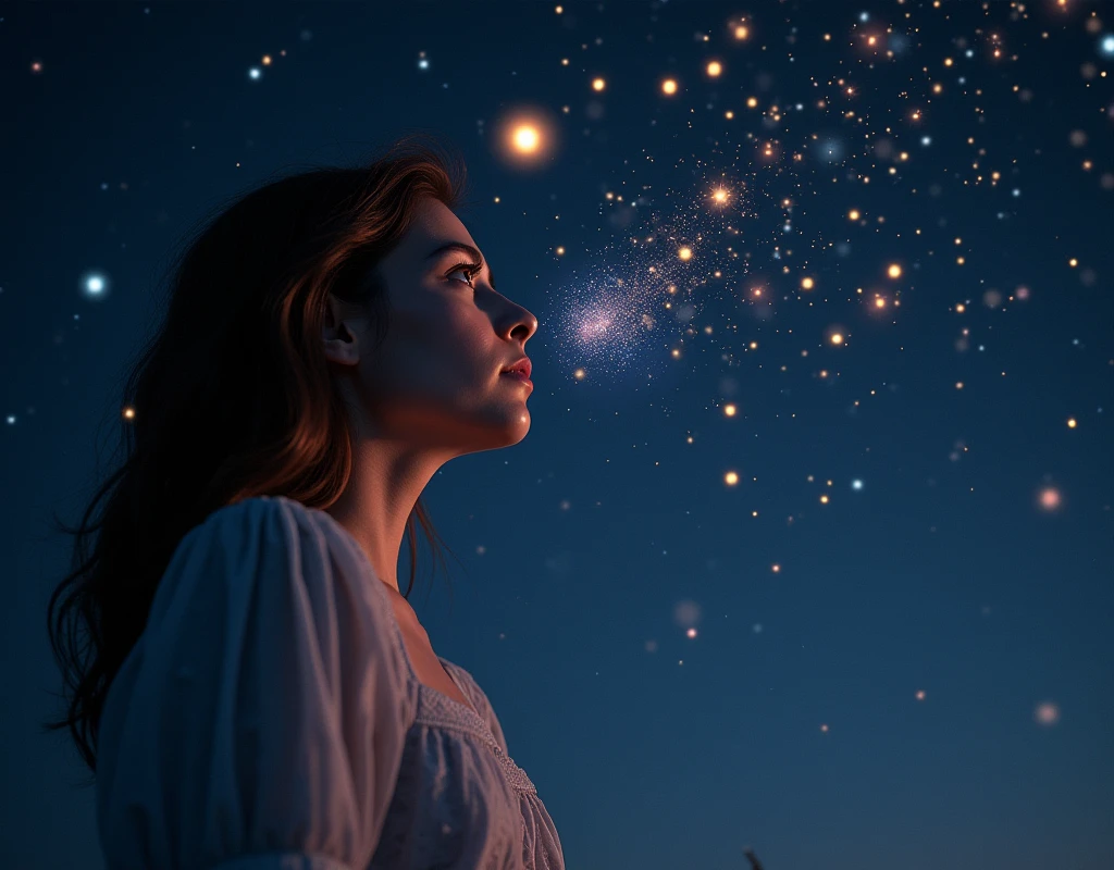 a picture of a young woman eyes as she is looking into the infinite stars in the night sky the stars are reflected in her eyes, a beautiful mature woman, ((dynamic hair color, dynamic skin complexion: 1.5), wearing dynamic dress, looking into the stars, the stars are reflected in her eyes, night sky, many, many shining stars, various colors stars,  vibrant, Ultra-high resolution, High Contrast, (masterpiece:1.5), highest quality, Best aesthetics), best details, best quality, highres, 16k, [ultra detailed], masterpiece, best quality, (extremely detailed)