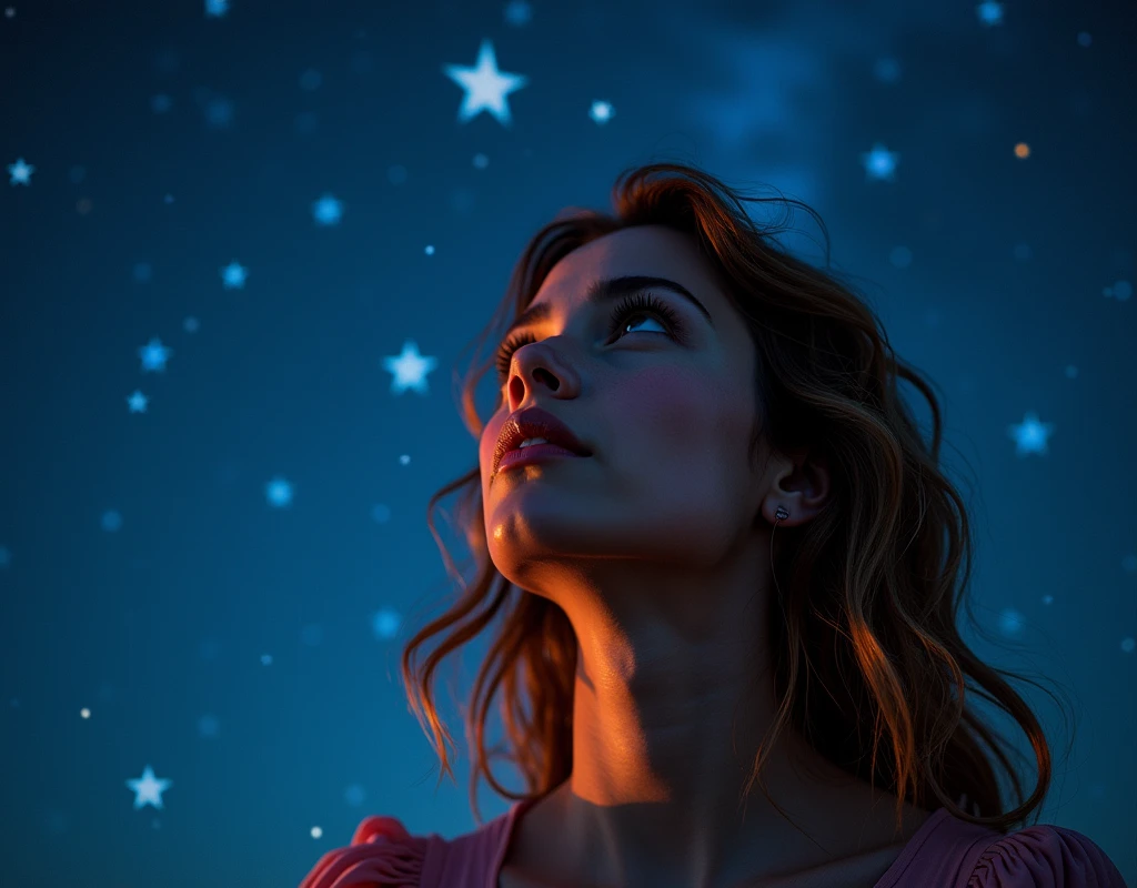a picture of a young woman eyes as she is looking into the infinite stars in the night sky the stars are reflected in her eyes, a beautiful mature woman, ((dynamic hair color, dynamic skin complexion: 1.5), wearing dynamic dress, looking into the stars, the stars are reflected in her eyes, night sky, many, many shining stars, various colors stars,  vibrant, Ultra-high resolution, High Contrast, (masterpiece:1.5), highest quality, Best aesthetics), best details, best quality, highres, 16k, [ultra detailed], masterpiece, best quality, (extremely detailed)