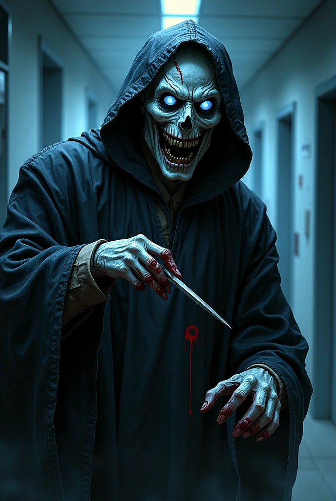 Create a creepy image of a yokai in the style of manga artist 御茶漬海苔. The yokai is a dark doctor with an old physician's outfit, glowing blue eyes, a sharp scalpel, a creepy laugh, blood-stained hands, a body shrouded in darkness, and a white mask. The background is a darkened hospital, emphasizing shadows and a haunting atmosphere.
