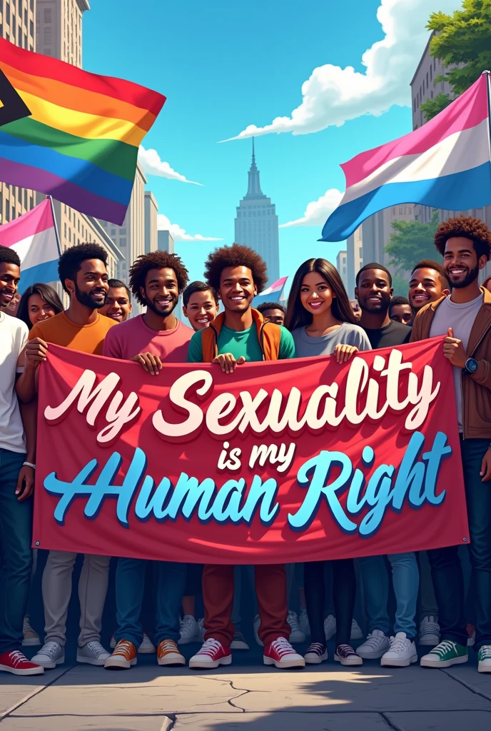 A powerful and striking image of a diverse group of men and women, both Black and white, standing together in solidarity . holding a vibrant, 3D cursive typography message on the protest banner reads "My Sexuality is my Human Right." Rainbow flags and Transgender flags flutter in the background against a blue sky and city skyline, emphasizing the LGBTQ+ presence. The atmosphere is light and airy filled with pulsating energy, capturing the strength, love, and support that emanates from this inclusive and accepting gathering. The graffiti on the walls around them adds a layer of vibrant color and urban edge, further fueling the sense of unity and activism., vibrant, graffiti's, the style is vector art