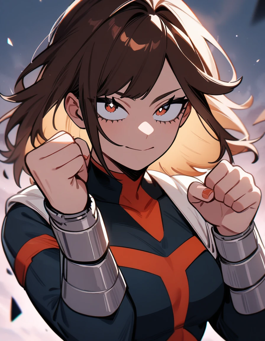 One girl, female focus, my hero academia girl, brown hair with bangs, boku no hero academia, hero pose, masterpiece, highest quality, so beautiful, Absurd