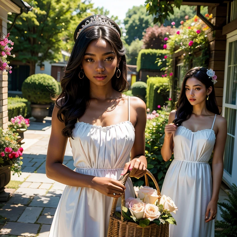 (masterpiece, best quality:1.5), highest quality, High resolution, super detailed, Realists, Upper body photo of a 22 year old black flower girl, dark skin, detailed and beautiful eyes, beautiful detailed lips, very detailed eyes and face, longeyelashes, 22-year-old woman in a green (Below) and white (up) short dress made of shiny satin fabric, Beautiful and colorful makeup, elegant and noble々Pose,shiny satin headband, grind, Holding flowers, Gardens as background, soft daylight, bright colors, fine brushstrokes, Portrait style, Noble details in the dress fabric, beautiful color palette, glowing skin, First-class rendering, that captures every detail, enchanting atmosphere, subtle shadows and lights, (perfect anatomy:1.2), (The two stunning 18-year-old flower girls carry baskets of rose petals. (magnificent panorama view:1.2)