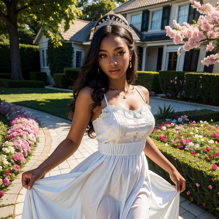 (​masterpiece, best quality:1.5), highest quality, High resolution, super detailed, Realists, Upper body photo of a 22 year old black flower girl, dark skin, detailed and beautiful eyes, beautiful detailed lips, very detailed eyes and face, longeyelashes, 22-year-old woman in a green (Below) and white (up) short dress made of shiny satin fabric, Beautiful and colorful makeup, elegant and noble々Pose,shiny satin headband, grind, Holding flowers, Gardens as background, soft daylight, bright colors, fine brushstrokes, Portrait style, Noble details in the dress fabric, beautiful color palette, glowing skin, First-class rendering, that captures every detail, enchanting atmosphere, subtle shadows and lights, (perfect anatomy:1.2), (The two stunning 18-year-old flower girls carry baskets of rose petals. (magnificent panorama view:1.2)