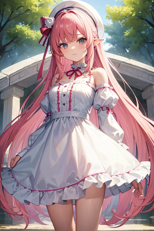 (masterpiece:1.2), (Highest quality:1.2), Perfect Eyes, Perfect Face, Perfect lighting, One girl, Standing with your hands in front of you,Long Hair, Complicated hairstyle,peach色がベースのツヤのあるドレス, Frills, ribbon, Puff sleeves, Exposing shoulders, Lace choker, jewelry, peaceful, quiet, Chill,Humanoid pink female squid girl,Elfの王女,White big modern hat,14-year-old girl,Elf,ピンクのサイドribbon,沢山ribbon,沢山ribbon,沢山ribbon,お尻に大きなribbon(peach),Pink Hair,