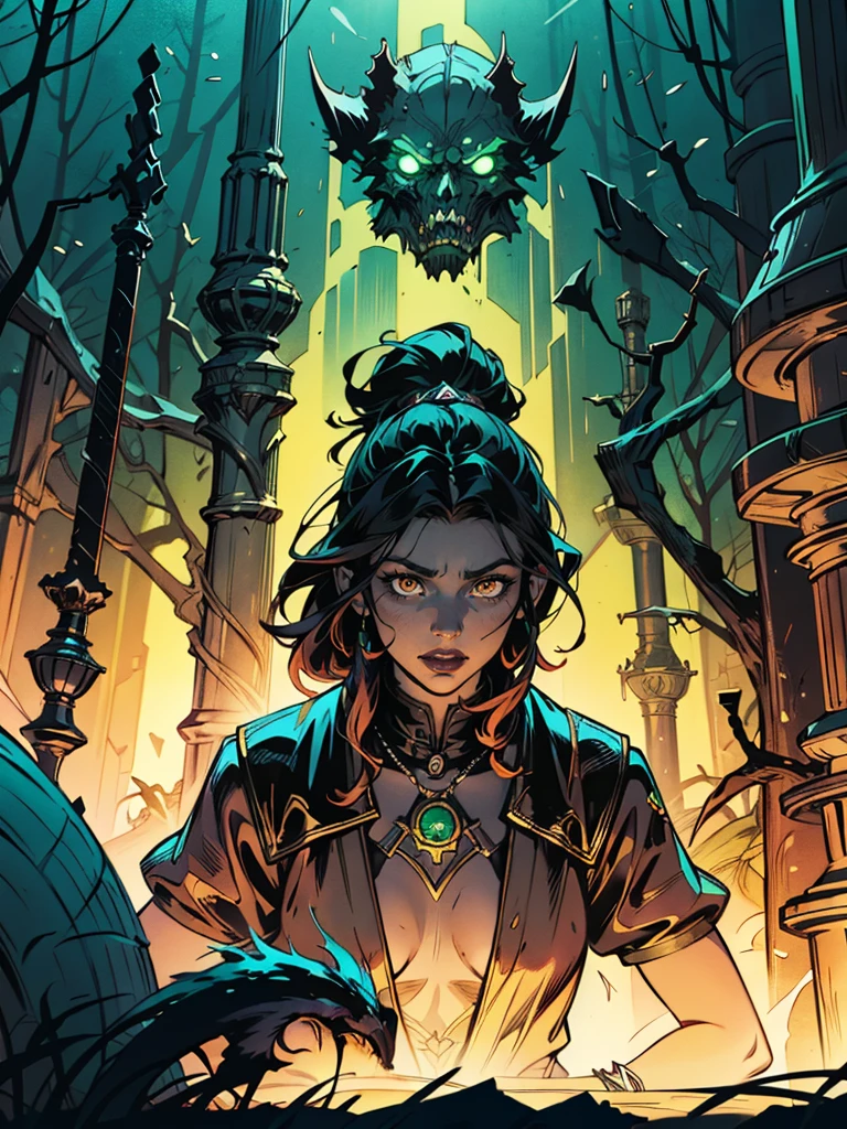 A witch in the forest with an very ugly old witch behind her, wearing glowing green lanterns, dark fantasy style art, dark fantasy art work, 2.5D CGI anime fantasy art works, dark fantasy illustrations, dark fantasy art, detailed digital 2D fantasy art, in style of dark fantasy art, digital 2D fantasy art, Jeff Easley and Ross Tran, fantasy style art, Gothic fantasy art