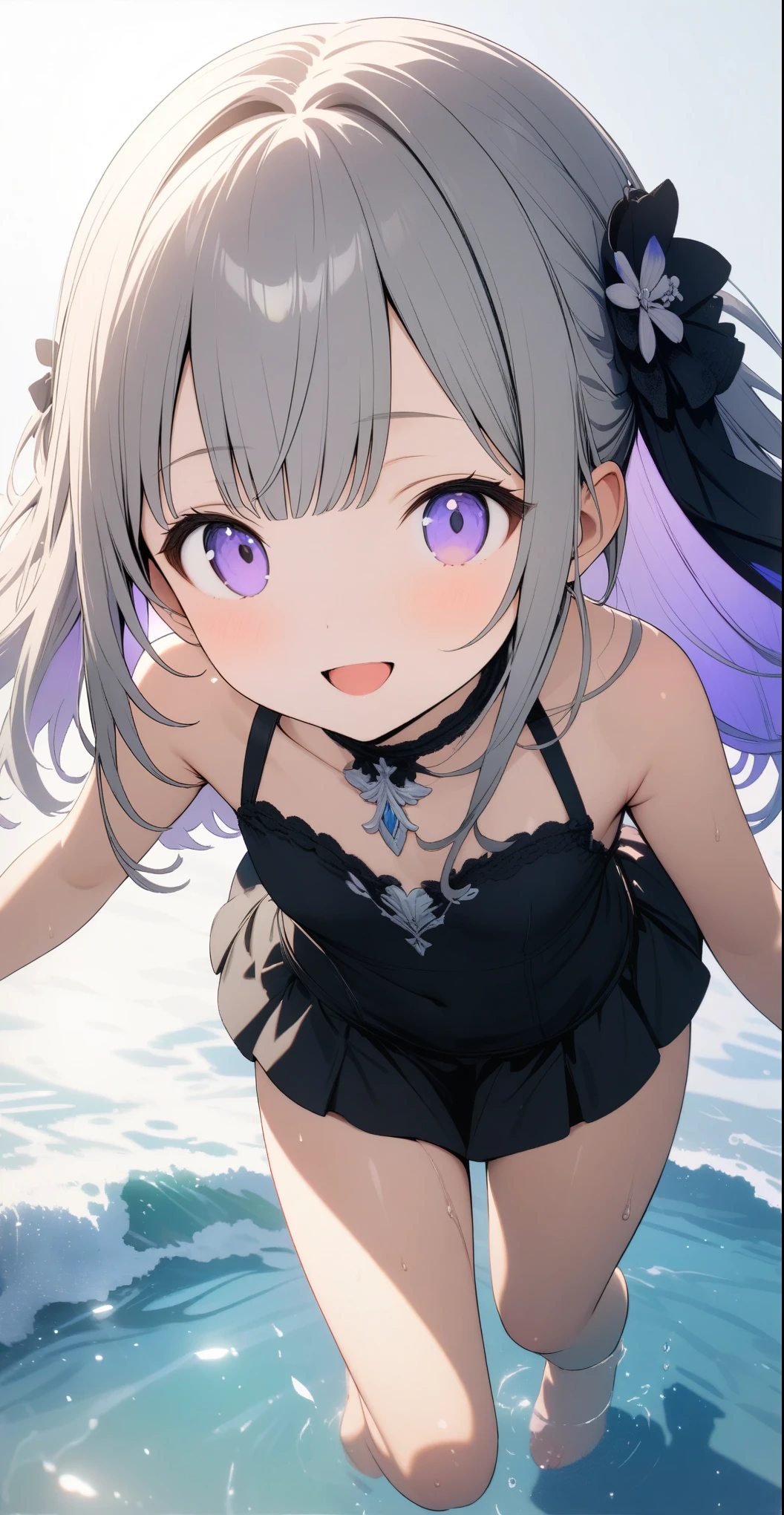 Two cute 15 year old girls, ((Silver Accessories、mini skirt、Black Lolita Fashion))、(Gray hair color、A hairstyle with a very deep blue-purple inner color with a gradation effect）, Beautiful Hair, Facial Contour, Remember,  Bright proof、splash, Lens flare,,Natural Color, High resolution, Very delicate, Very detailed, 8k,（Swelling in the chest,About a C cup）、Shyness,((Sexual)),((Sexy feeling))、smile、Full body angle