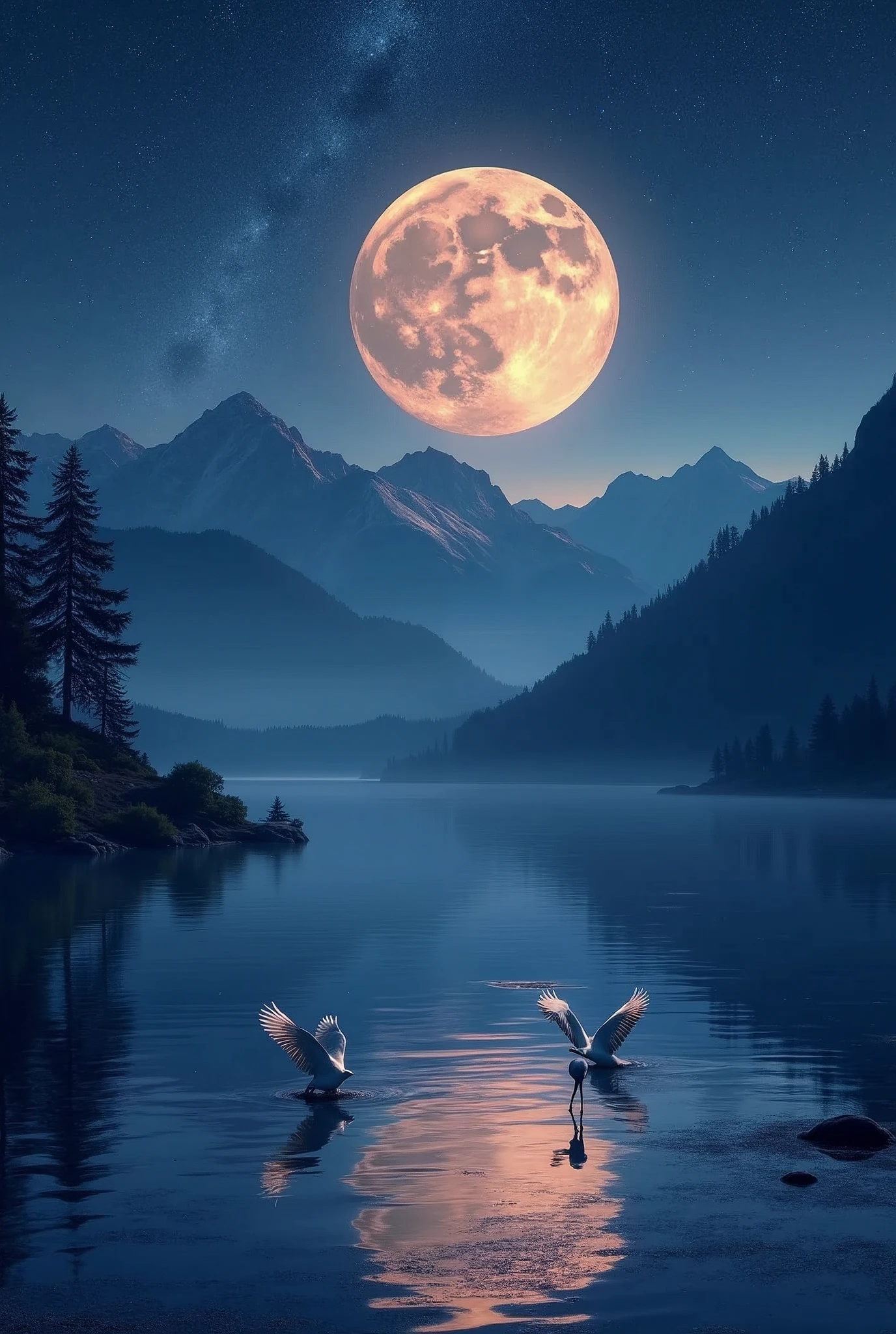 A very starry night. Huge moon behind the mountains. The quiet lake reflects the night. Cranes dance in the sunset. realistic scene, detailed, Photorealism, 8k