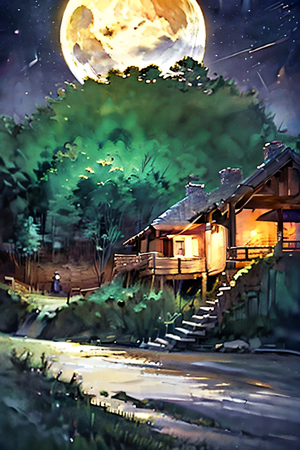 an illustration of a cabin in the woods at night with a full moon and stars, moonlit starry sky environment, calm night. digital illustration, moonlit forest environment, cartoon moody scene, night time scene, nighttime scene, moody night time scene, stylized background, nightime village background, dream scenery art, nighttime nature landscape, 4 k hd illustrative wallpaper, 3 d stylize scene, 8k hd wallpaper digital art, 4 k hd wallpaper illustration, night sky; 8k, night landscape background, cozy home background, inspired by sylvain sarrailh, winter night