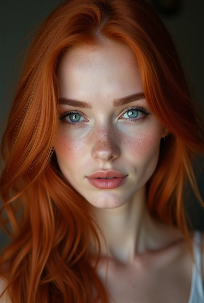 beautiful lady, light freckles, light smile, ruby eyes, silver blue eyes, long red hair, dimples, dark makeup, Big breasts, hyperdetailed photography, soft light, head and shoulders portrait, cover, facing camera, looking at camera
