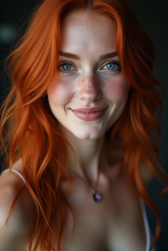 beautiful lady, light freckles, light smile, ruby eyes, silver blue eyes, long red hair, dimples, dark makeup, Big breasts, hyperdetailed photography, soft light, head and shoulders portrait, cover, facing camera, looking at camera
