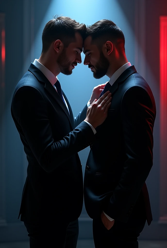 "Create a dramatic and intense scene featuring two men in formal suits. One man is pulling the other closer by his tie, their faces close, conveying a mix of tension and allure. The background is dark and moody, with a soft spotlight highlighting their faces. The overall atmosphere should be one of secrecy and passion, with subtle red or blue lighting adding to the intensity."