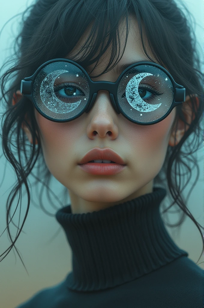 The model is wearing glass sunglasses with stars and the moon on the glass