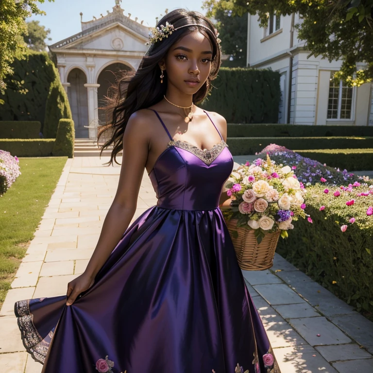 (masterpiece, best quality:1.5), highest quality, High resolution, super detailed, Realists, Upper body photo of a 22 year old black flower girl, dark skin, detailed and beautiful eyes, beautiful detailed lips, very detailed eyes and face, longeyelashes, 22-year-old woman in a purple short dress made of shiny satin fabric, Beautiful and colorful makeup, elegant and noble々Pose,shiny satin headband, grind, Holding flowers, Gardens as background, soft daylight, bright colors, fine brushstrokes, Portrait style, Noble details in the dress fabric, beautiful color palette, glowing skin, First-class rendering, that captures every detail, enchanting atmosphere, subtle shadows and lights, (perfect anatomy:1.2), (The two stunning 18-year-old flower girls carry baskets of rose petals. (magnificent panorama view:1.2)