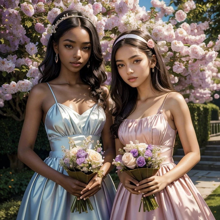 (masterpiece, best quality:1.5), highest quality, High resolution, super detailed, Realists, Upper body photo of a 22 year old black flower girl, dark skin, detailed and beautiful eyes, beautiful detailed lips, very detailed eyes and face, longeyelashes, 22-year-old woman in a purple short dress made of shiny satin fabric, Beautiful and colorful makeup, elegant and noble々Pose,shiny satin headband, grind, Holding flowers, Gardens as background, soft daylight, bright colors, fine brushstrokes, Portrait style, Noble details in the dress fabric, beautiful color palette, glowing skin, First-class rendering, that captures every detail, enchanting atmosphere, subtle shadows and lights, (perfect anatomy:1.2), (The two stunning 18-year-old flower girls carry baskets of rose petals. (magnificent panorama view:1.2)