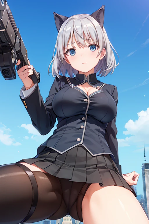 (((Spread your legs、Shooting from below))、(((Accentuate the crotch)))、Highest quality, 8k, masterpiece :1.3)), whole body, Sharp focus :One Girl,Glowing Skin,SSexy pose,Highest quality,Tabletop,shape,Very delicate and beautiful,Hmph,8k壁紙,wonderful,In detail,Official Art,Very detailedなティッカーUnity 8k壁紙,Incredibly ridiculous,Large file size,Very detailedな,High resolution,Very detailed,Beautiful detailed girl,Realistic,X-ray,The queue is full,(((Uniform Blazer、mini skirt)))、(((Big Breasts、Silver Hair)))、(((blue sky、new york)))、Stand upright、Cleavage , ((Silver Hair))、Uniform Blazer、Sexy pose、Hairstyle: Short hair、both hands、Black cat ears on head