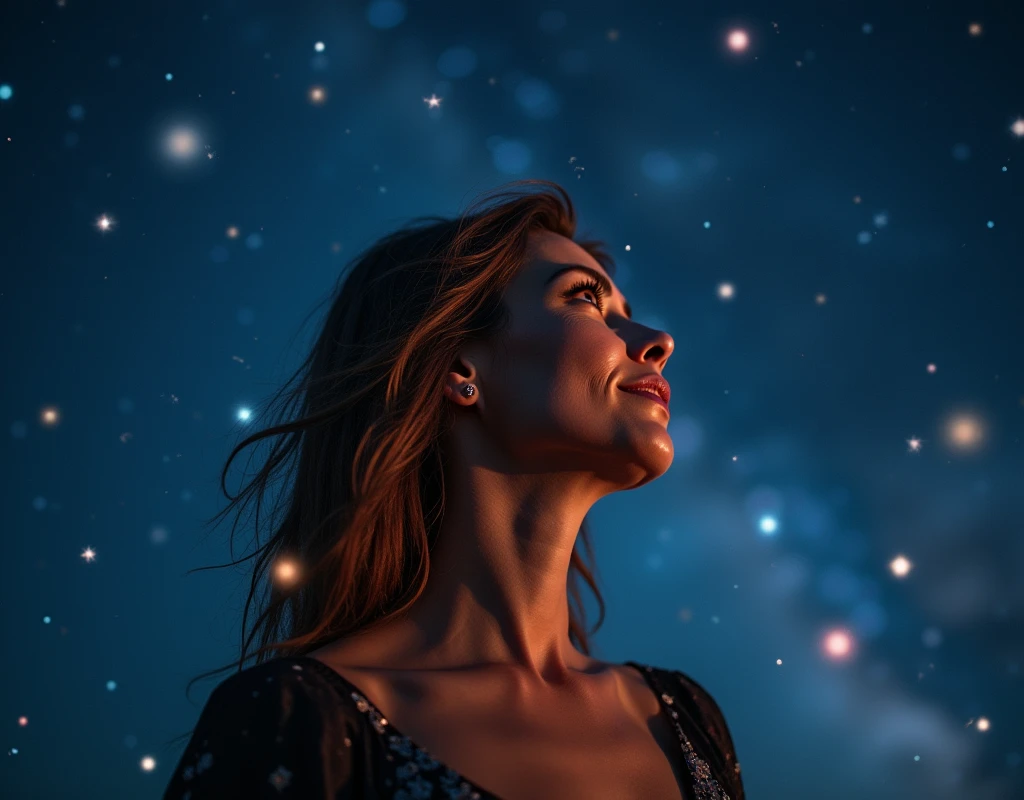 a picture of a mature woman's eyes as she is looking into the infinite stars in the night sky the stars are reflected in her eyes, a beautiful mature woman, ((dynamic hair color, dynamic skin complexion: 1.5), wearing dynamic dress, looking into the stars, the stars are reflected in her eyes, night sky, many, many shining stars, various colors stars,  vibrant, Ultra-high resolution, High Contrast, (masterpiece:1.5), highest quality, Best aesthetics), best details, best quality, highres, 16k, [ultra detailed], masterpiece, best quality, (extremely detailed)
