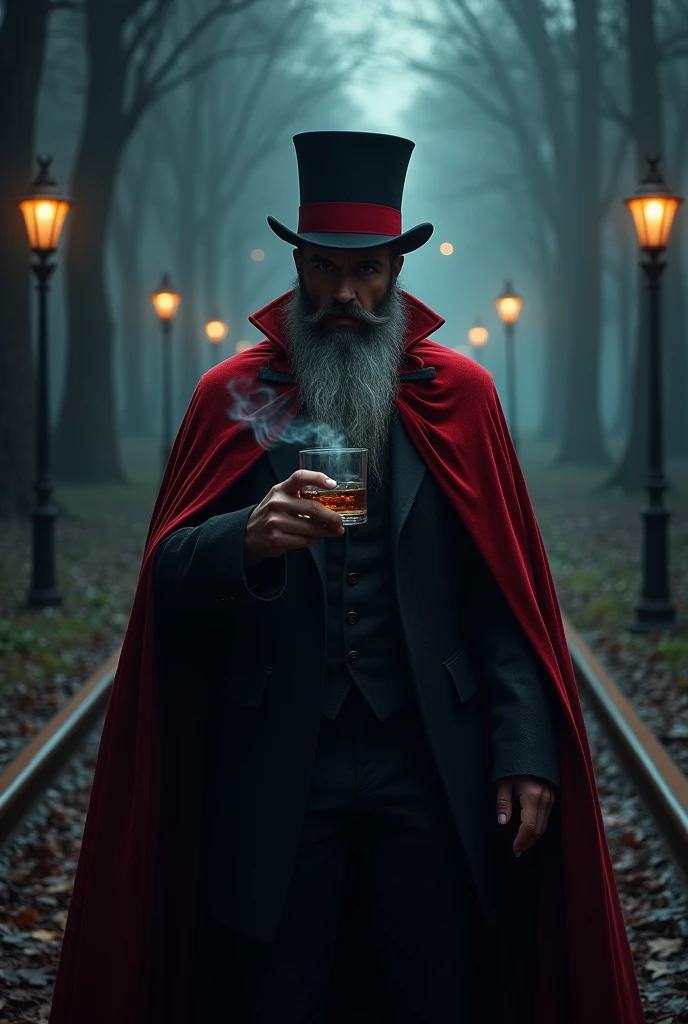 Handsome man with a robust body, barba, lock of white hair, black antique hat, red and black cape, vaso whisky, Cigarettes, cemetery, red and black lit candles, walking stick