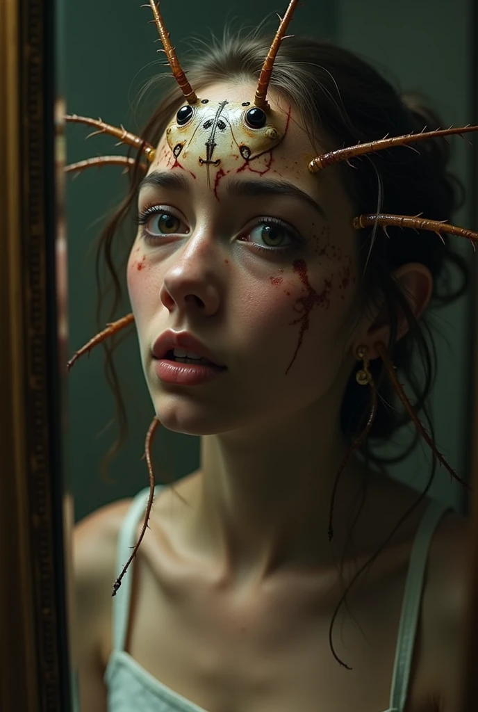 A 28 age years old girl looking at herself in the mirror and her face turned into a cockroach and her body is a girl's body in a close up view artistic and realistic and she has Insect tentacles on her head