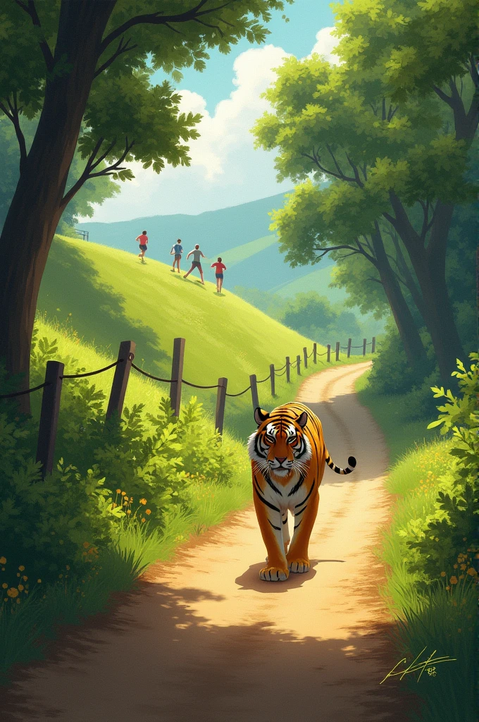 Orange grass, brown path. Tiger walking on the road. Green trees surrounding the path. Humans running up a hill next to 