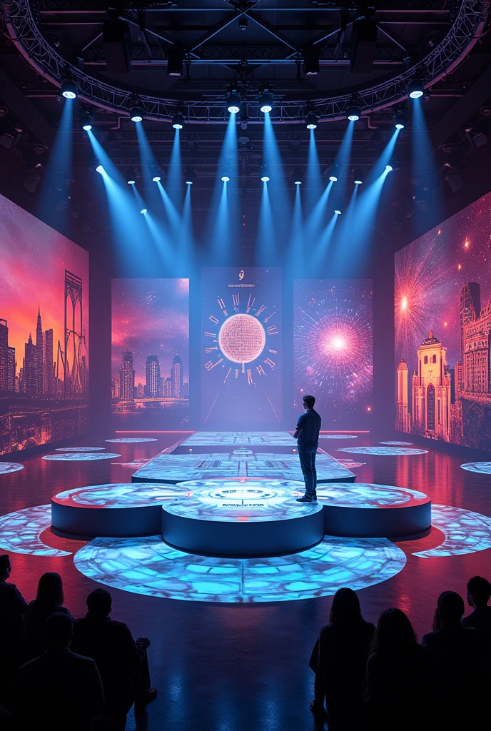 Generate a stage where the musical decades of the 70s are highlighted, 80s, 90s, 2000s, 2010s y 2020s