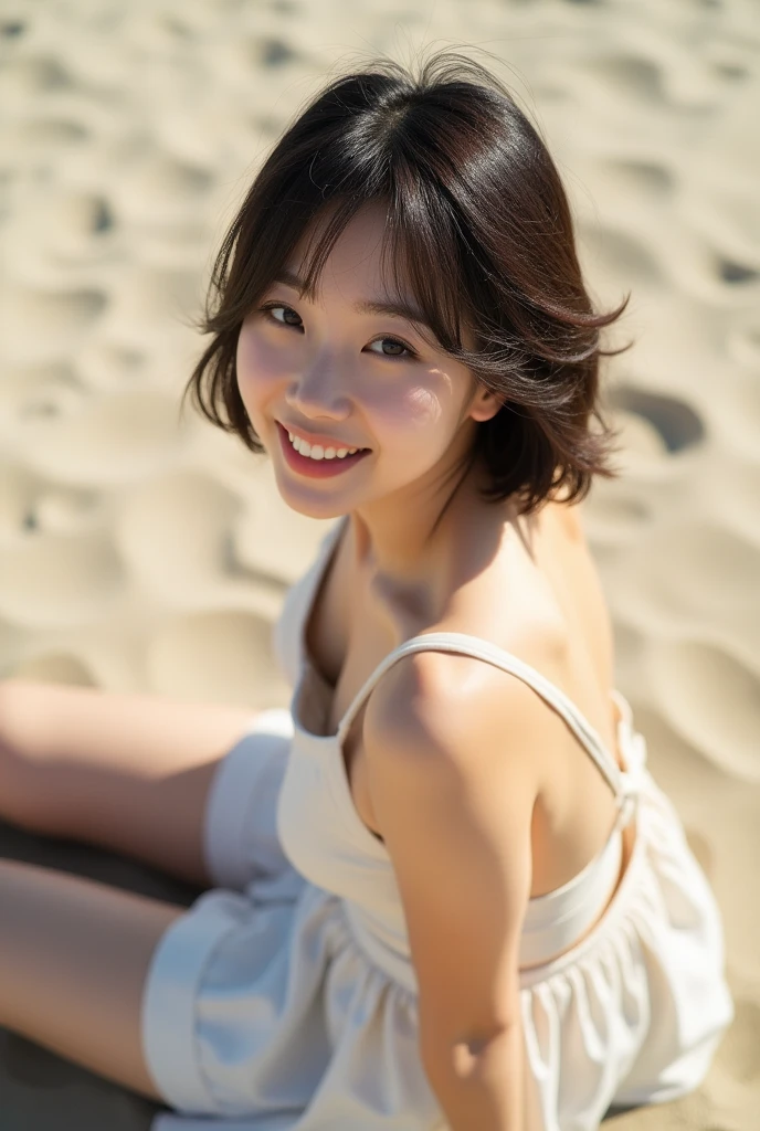 Highest quality, masterpiece, Ultra-high resolution, 25years old, japanese woman, shiny Hair, Short Hair, Broun Hair, Bra Top, White Skort, Harf Smile, Sunlight, From Behind, Lying on the sand