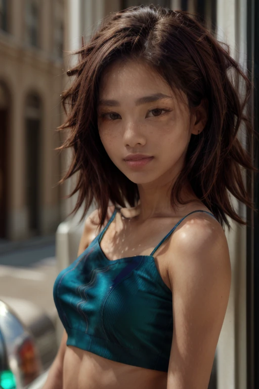 Medium shot, (32K resolution, masterpiece, ultra high quality, best quality, ultra high definition, perfect anatomy, Incredibly detailed, RAW, ultra super realistic, photorealistic, cinematic lighting, exquisitely detailed, extremely intricate, 8k UHD, high resolution), (1girl), cropped  off-shoulder tank top,  skirt, elegant hair, standing on the street,  seductive smile, dynamic vivid colors, ((skinny))