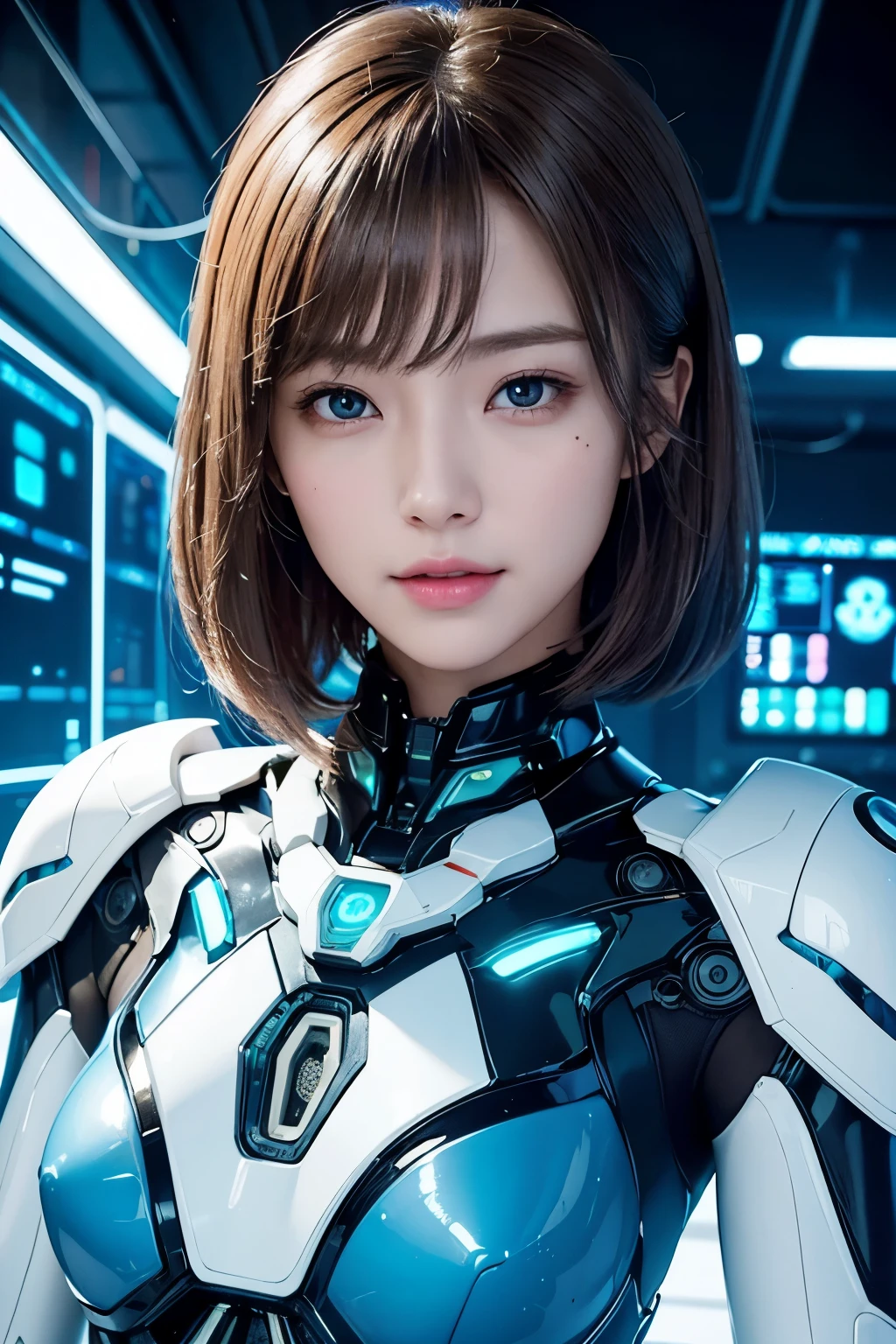 Highest quality, masterpiece, Ultra-high resolution, masterpieceハイパーリアリズム、Photorealistic、Beautiful Humanoid, Realistic Skin、Light brown short hair、Smile、 Realistic details、Intricate decorative details, Very intricate details, Neon Details, Circuit boards and light-emitting elements、 Precise construction、  Cold, mechanical beauty、Bioluminescence、optical fiber、Arafed Cyborg with high resolution white plastic details、High-tech control room inside a spaceship、