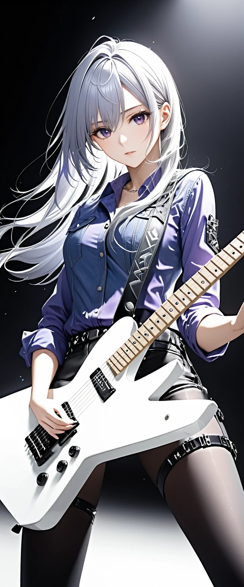 (((White background:1.5)))、(((A strong gaze on the guitar:1.5))),(The subject and guitar are in full view),(((Composition from afar:1.5))),(((full body:1.2)))、(very wide shot)、(masterpiece、Ultra HD、Highest quality、Masterpiece、4K:1.2)、Slender body、Scandinavian metal girl playing a white electric guitar, (((A strong gaze on the guitar:1.5))), Intricate details, Highly detailed eyes, Highly detailed fingers、(Purple shirt and blue jeans) 、Long silver hair、Wear black boots、(((Dynamic and lively pose:1.5)))、Perfect Style、8Head to Body、Playing guitar on stage、Live