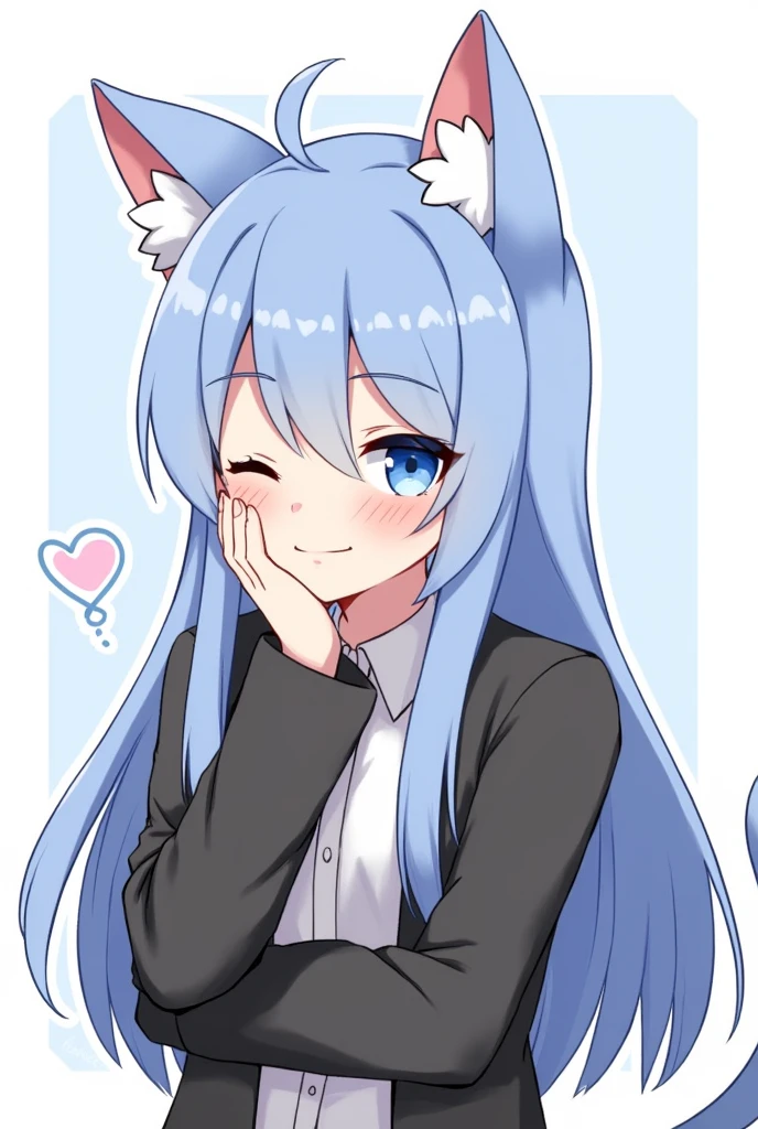 Nacho Cat, One girl, Close one eye, Animal ears, blue eyes, Long Hair, Blue Hair, Long sleeve, bangs, Cat ear, heart, Mouth closed, Upper Body, Focus Only, hair ornaments, Sleeves are longer than the wrist, blush, White Background, collared shirt, Simple Background, shirt, View your viewers, Putting your hand on someone else's face, Jacket, Put your hand on someone else's cheek, black Jacket, smile, One side up, Hair between the eyes, Slope, ;3, Slope background, Blue background