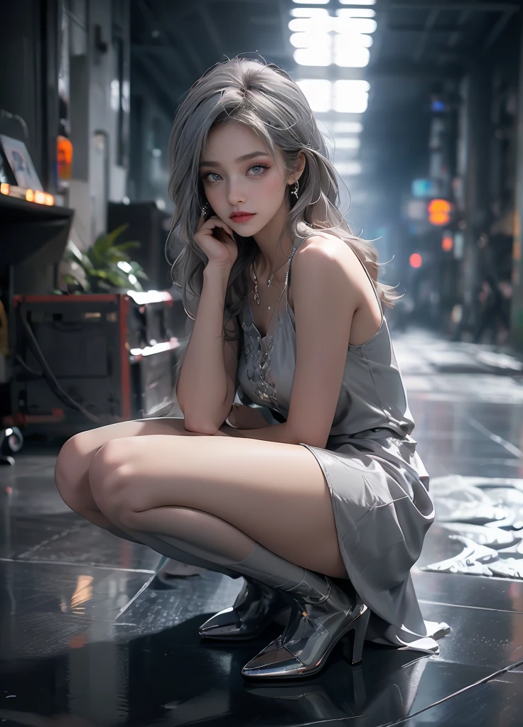 masterpiece,Game Art,Best picture quality,Maximum resolution,8k,(Upper Body),Unreal Engine 5 rendering works,(Digital Photography),(The girl looks at you lovingly,The smile is beautiful),Short hair details,(The eyes are very delicate),(With long gray hair:1.4),(Perfect body),(Bright dress,Black high heels,White cotton socks),(background:roof),light,night,Ray Tracing,RAW photos,((3D Unreal Engine)),OC rendering reflection mode