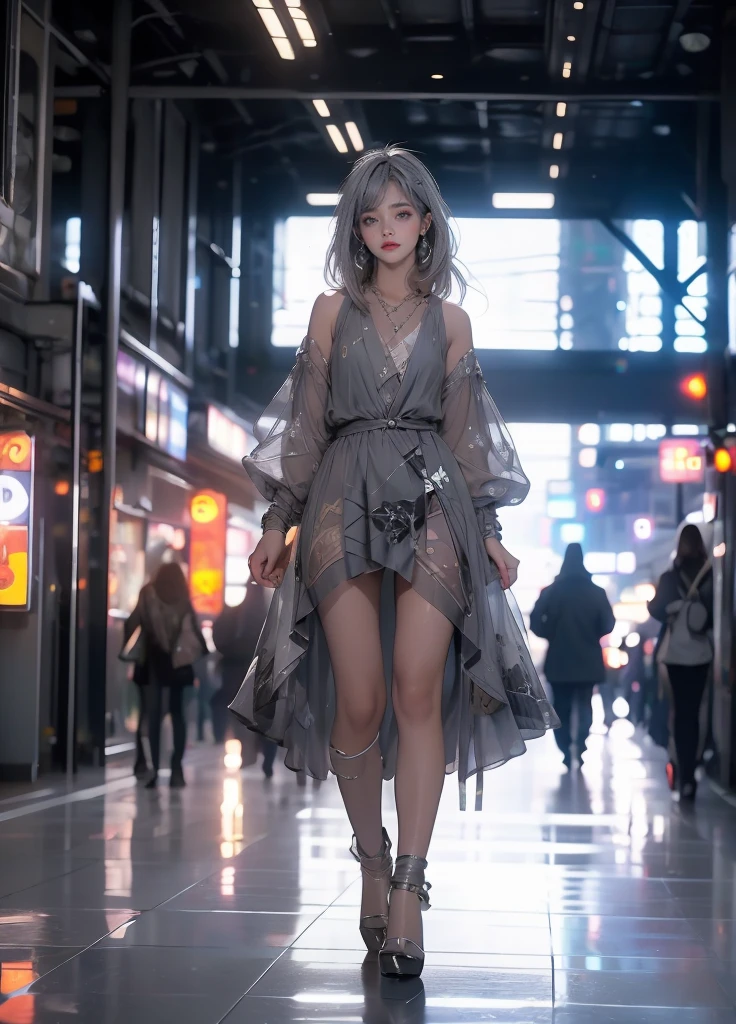 masterpiece,Game Art,Best picture quality,Maximum resolution,8k,(Upper Body),Unreal Engine 5 rendering works,(Digital Photography),(The girl looks at you lovingly,The smile is beautiful),Short hair details,(The eyes are very delicate),(With long gray hair:1.4),(Perfect body),(Bright dress,Black high heels,White cotton socks),(background:roof),light,night,Ray Tracing,RAW photos,((3D Unreal Engine)),OC rendering reflection mode