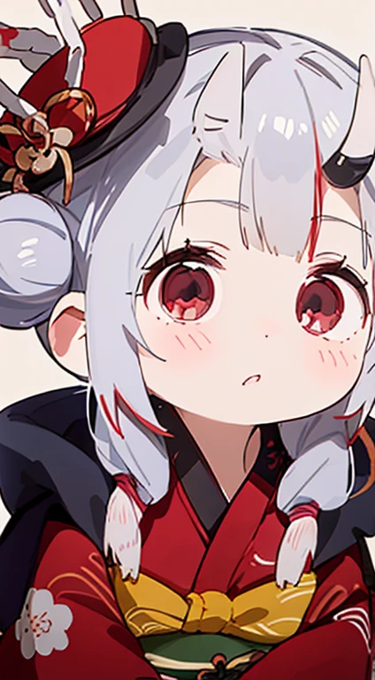 girl、(From the chest up)、Silver Hair、Buns on the left and right、Red eyes、A blank look、Mouth half open、Red kimono